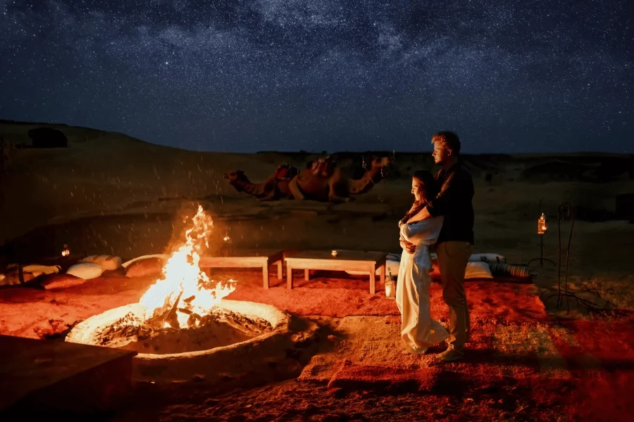 Traditional Berber desert camp under starry sky during a 3 days tour from Marrakech to Merzouga, 2 Day Desert Tour from Marrakech to Zagora, quad Agafay Marrakech, Marrakech dinner show
