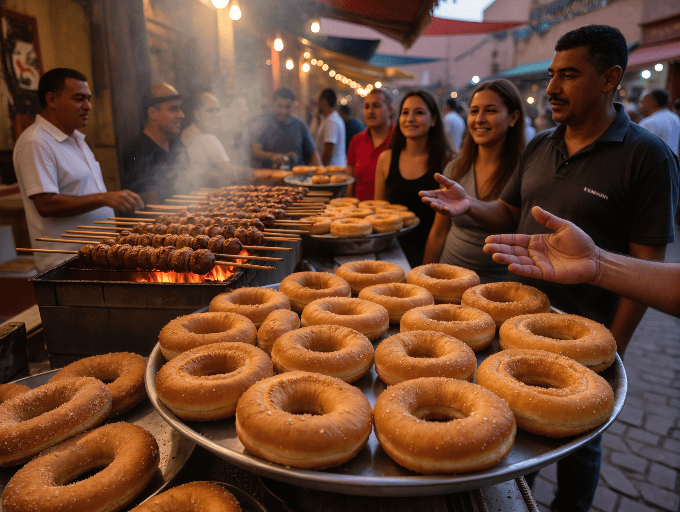 Travelers enjoying rooftop dining with view of Marrakech medina among best things to do in Marrakech, Marrakech street food Tour