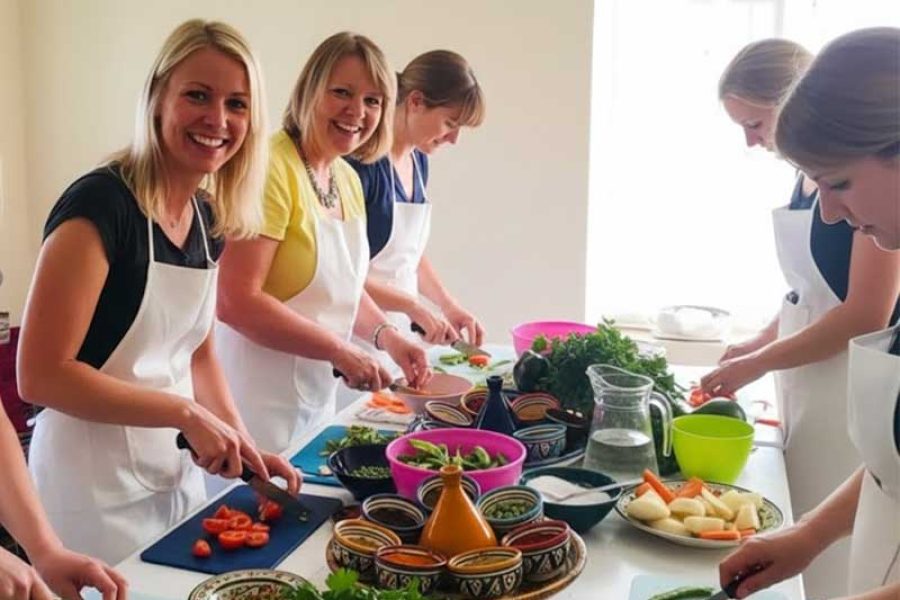 Happy women chopping vegetables at a Marrakech Cooking Class.