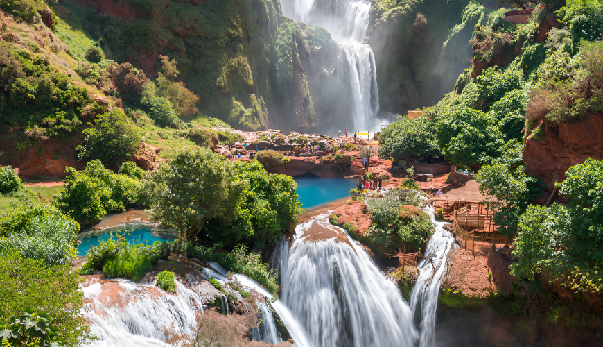 Group enjoying mountain view during Marrakech day trips to Atlas Mountains