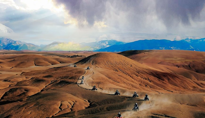 Luxury desert camp at sunset during Marrakech desert tour in Sahara Morocco