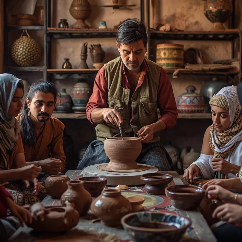 Traveler learning pottery techniques in authentic workshop Marrakech with master artisan