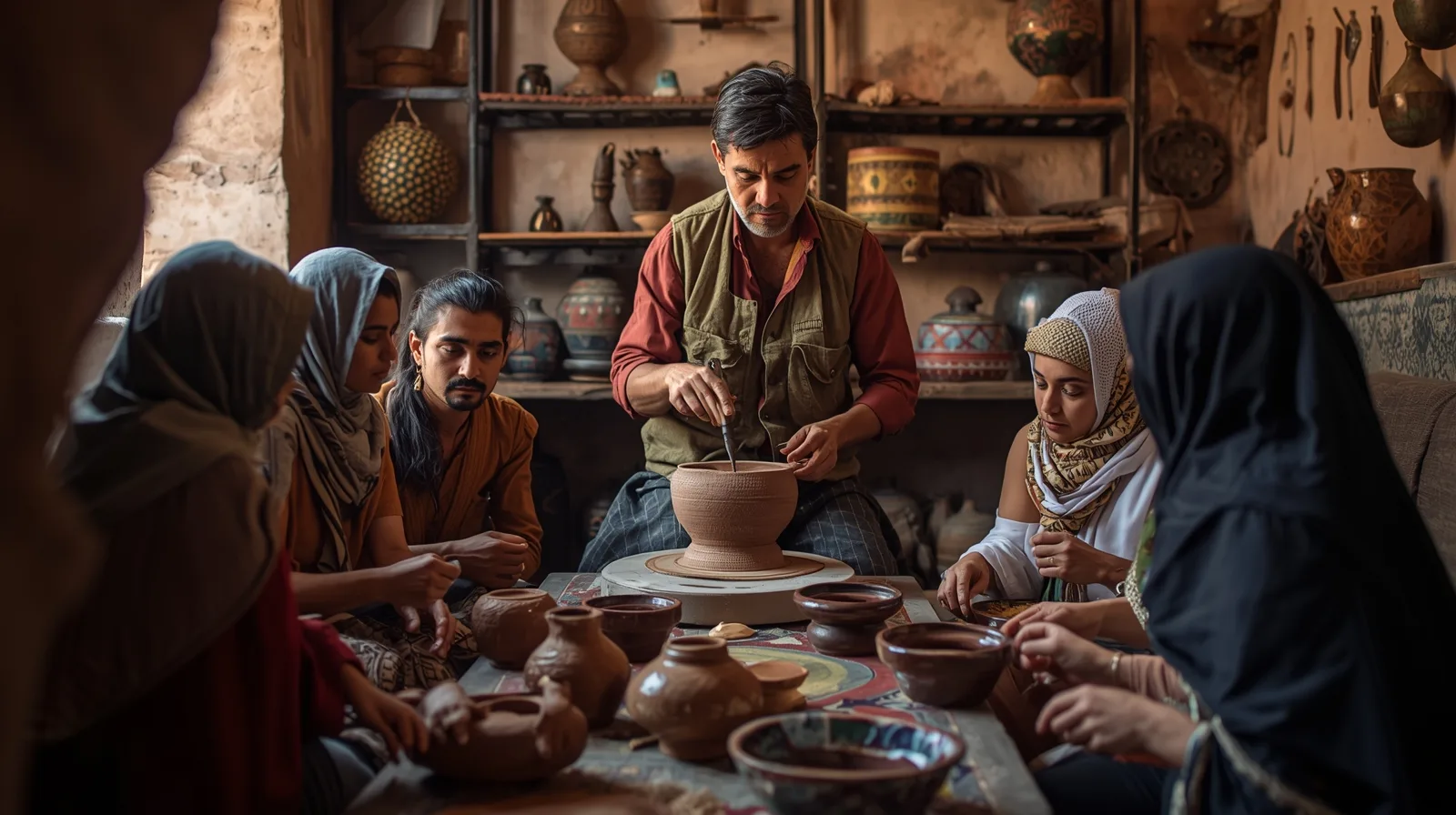 Traveler learning pottery techniques in authentic workshop Marrakech with master artisan