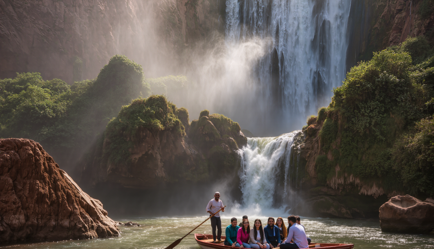 Group hiking on a scenic Marrakech day trip in the Atlas Mountains near a Berber village.
