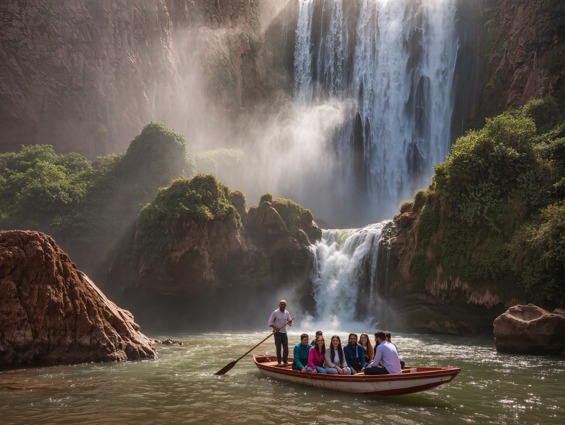 Group hiking on a scenic Marrakech day trip in the Atlas Mountains near a Berber village.