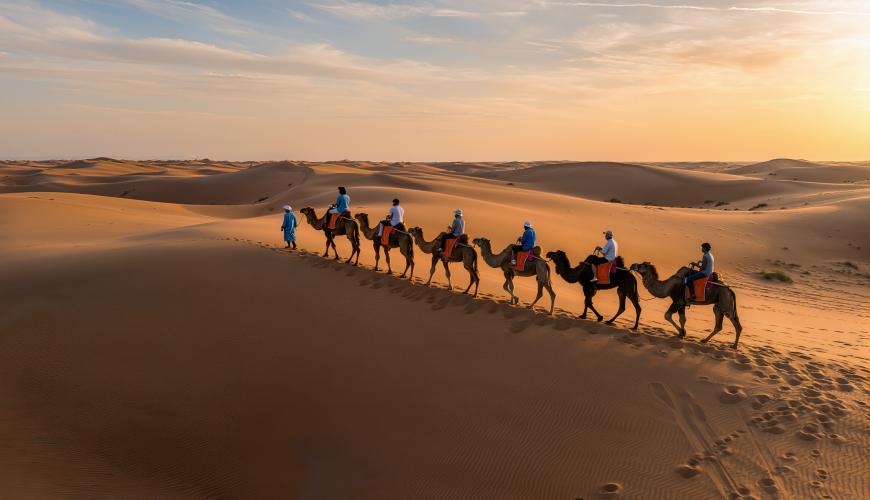 Camel caravan at sunset on a classic Marrakech desert tour in the Erg Chebbi dunes