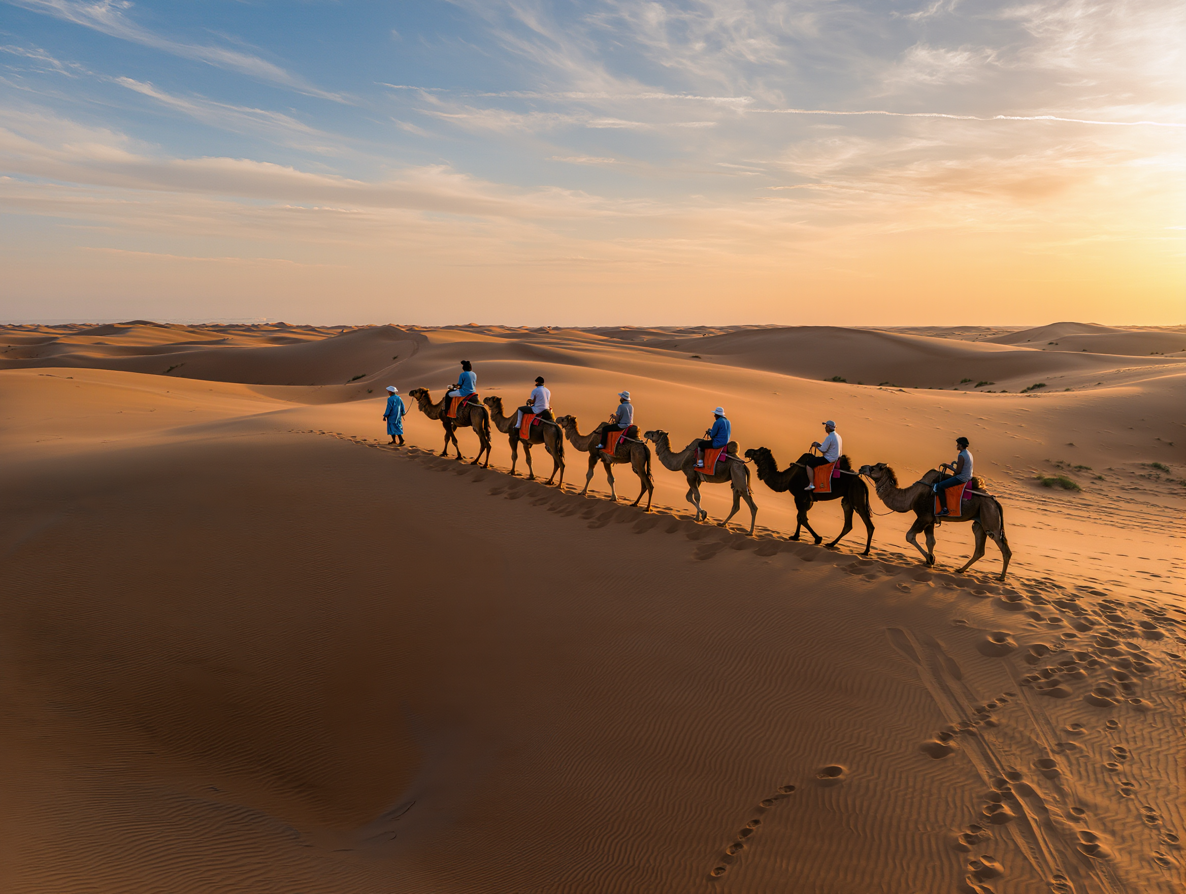 Camel caravan at sunset on a classic Marrakech desert tour in the Erg Chebbi dunes