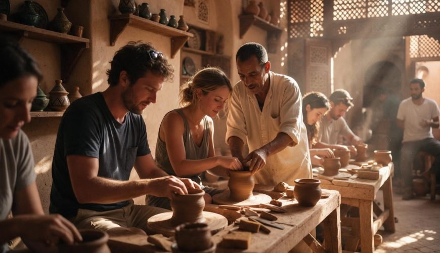 Artisan guiding travellers during a hands-on Marrakech Workshop in a sunlit medina atelier