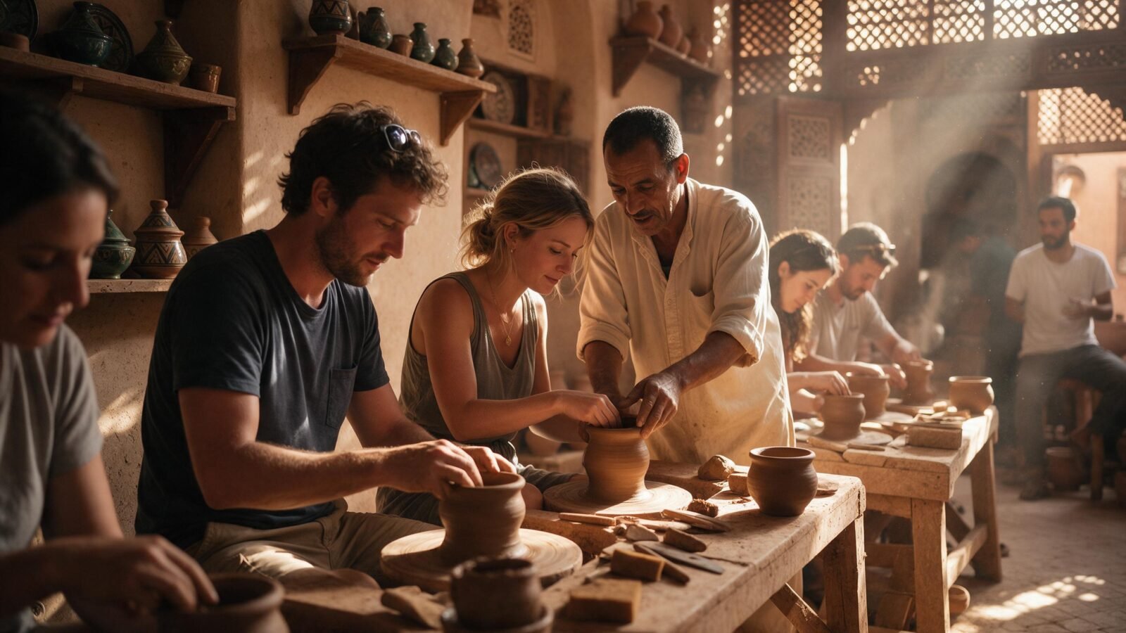 Artisan guiding travellers during a hands-on Marrakech Workshop in a sunlit medina atelier