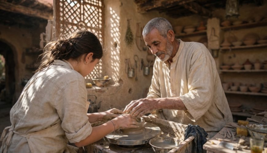 Artisan guiding a small group during a hands-on Marrakech Workshop in a pottery studio