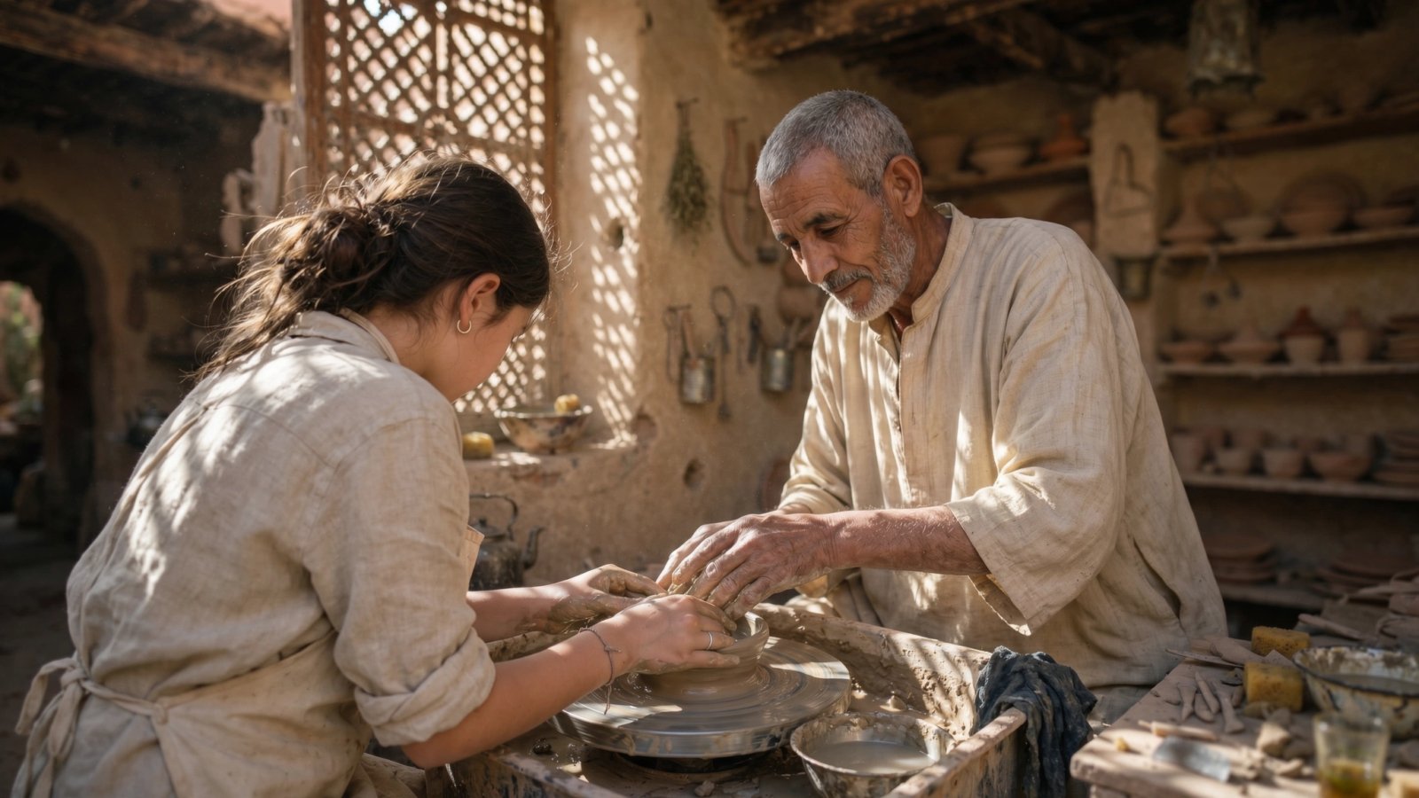 Artisan guiding a small group during a hands-on Marrakech Workshop in a pottery studio