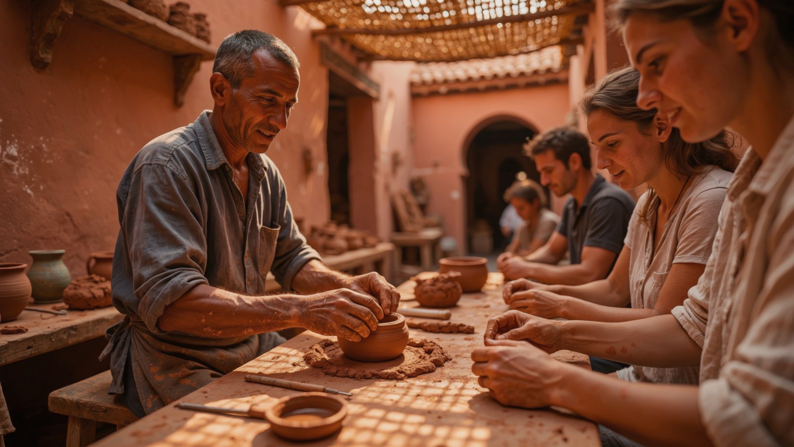 Artisan guiding participants during a hands-on Marrakech Workshop in a medina courtyard