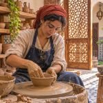 Travelers learning pottery at a Marrakech Workshop in a traditional studio