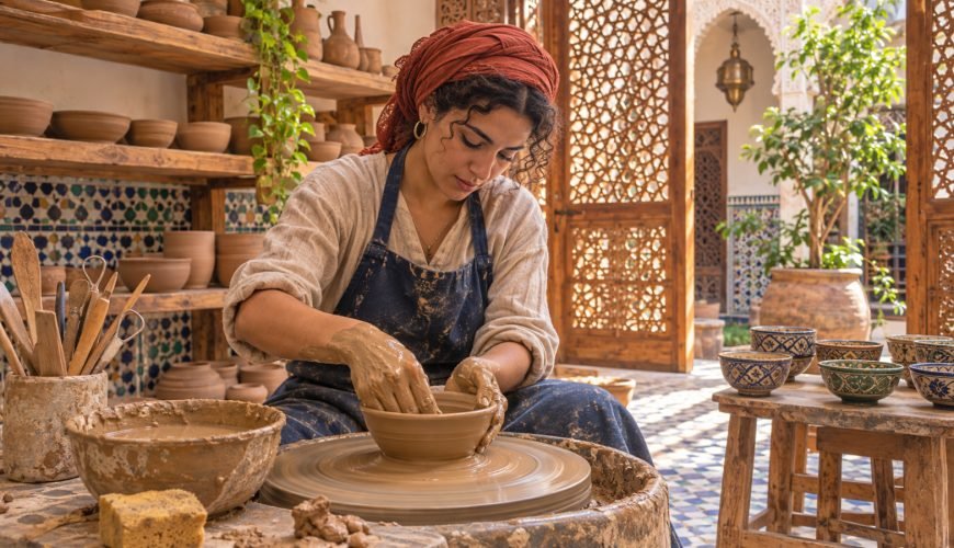 Travelers learning pottery at a Marrakech Workshop in a traditional studio