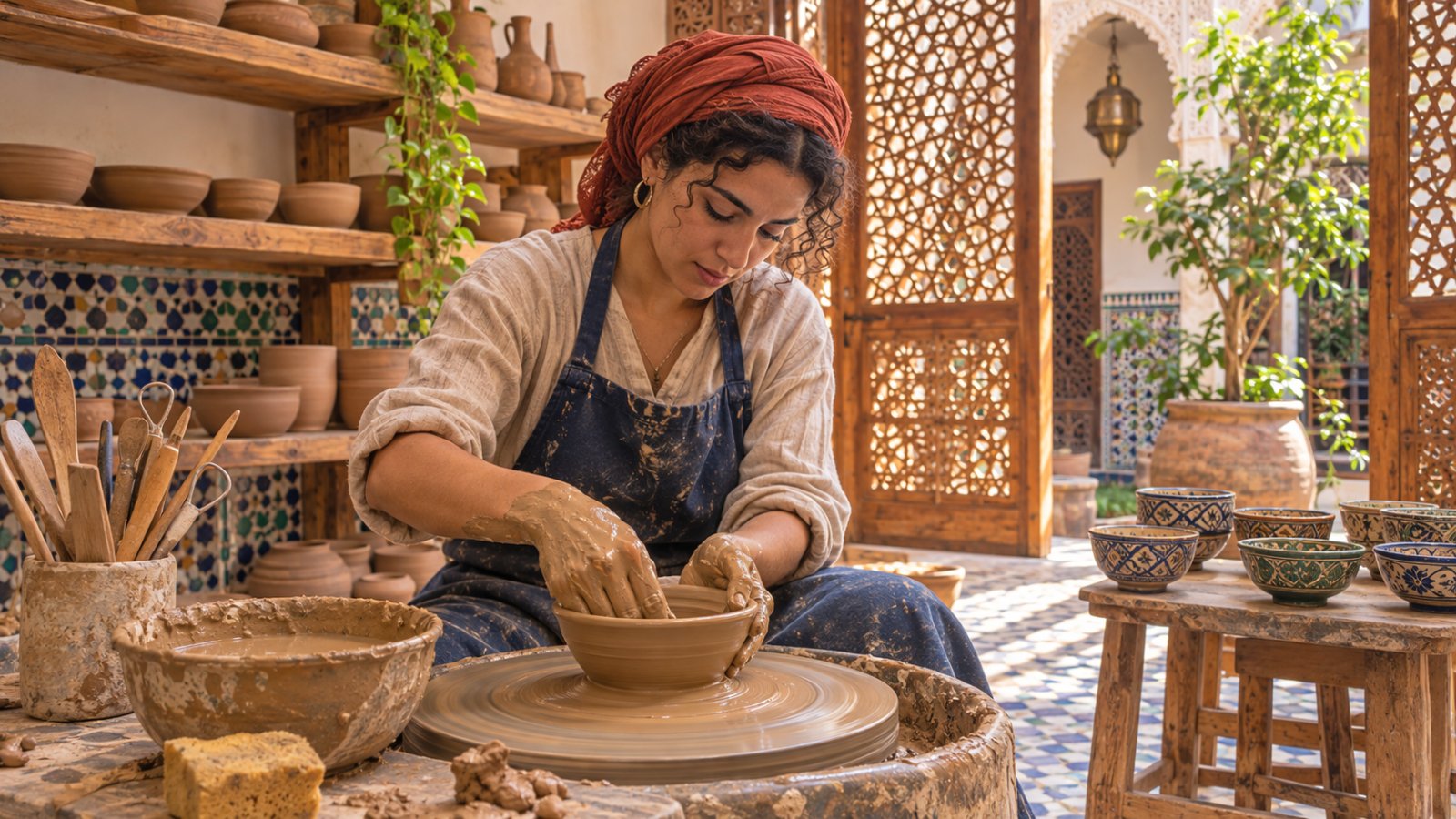 Travelers learning pottery at a Marrakech Workshop in a traditional studio