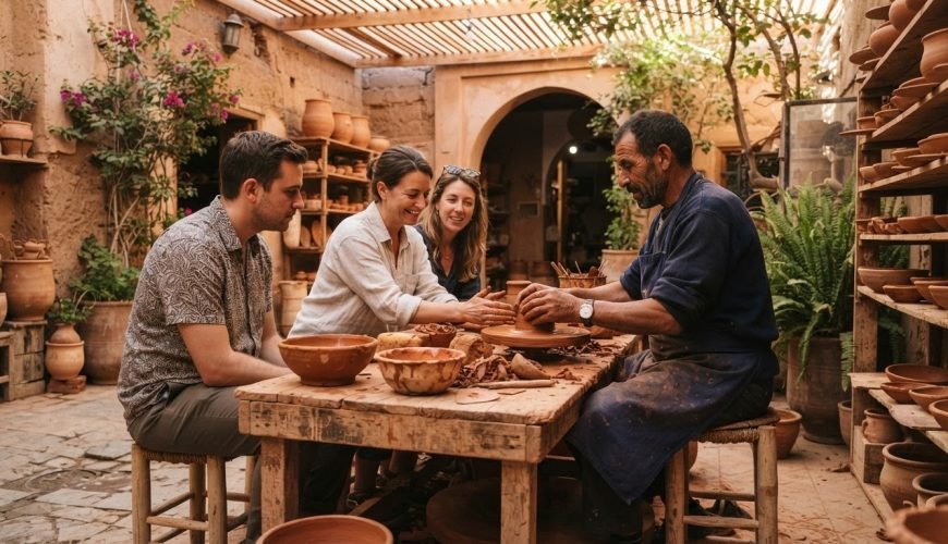 Artisan guiding a small group during a hands-on Marrakech Workshop in a pottery studio