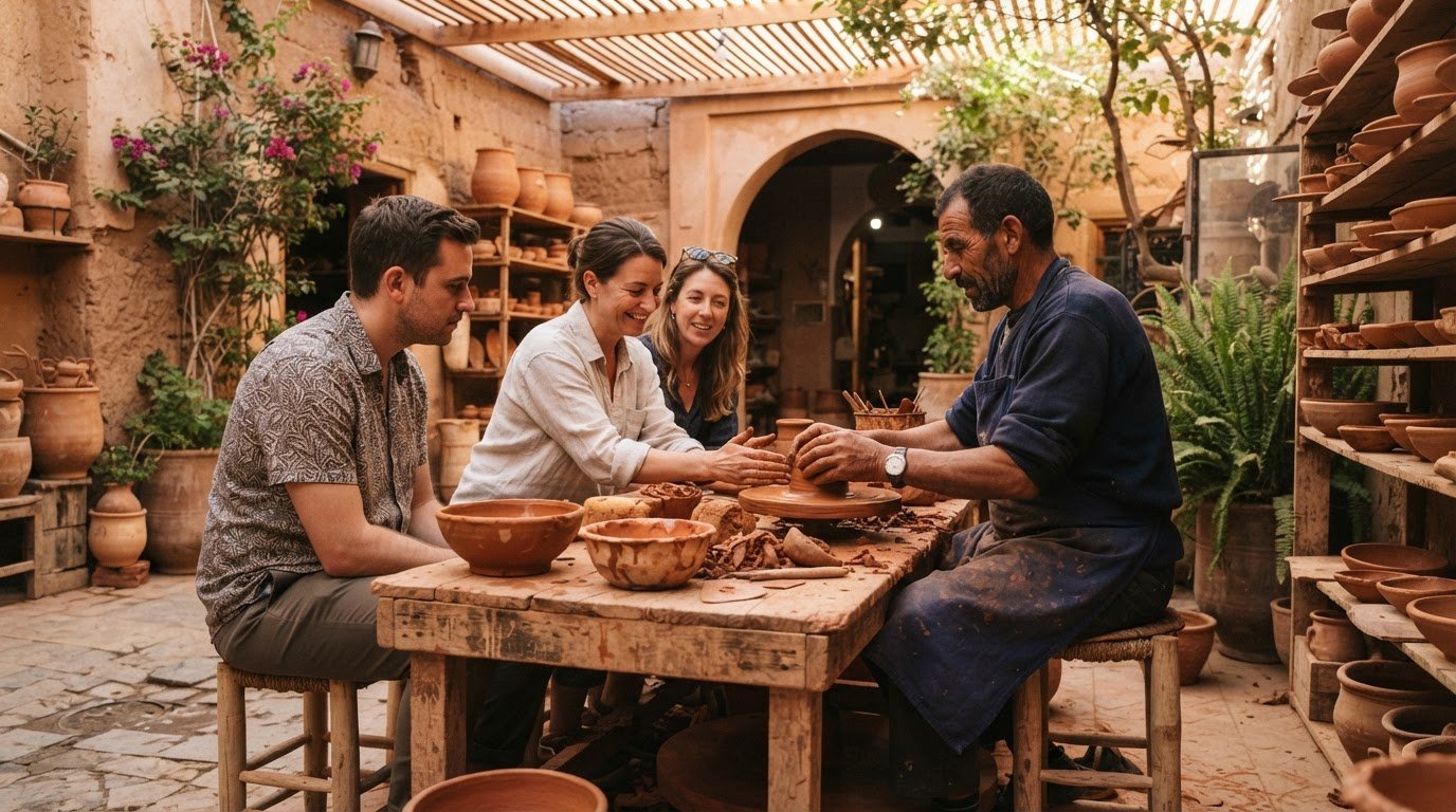 Artisan guiding a small group during a hands-on Marrakech Workshop in a pottery studio