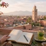 Traveler checking off a list of things to do in Marrakech on a rooftop overlooking the medina at sunset - Things do to in