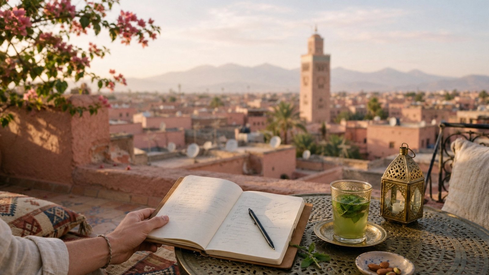 Traveler checking off a list of things to do in Marrakech on a rooftop overlooking the medina at sunset - Things do to in