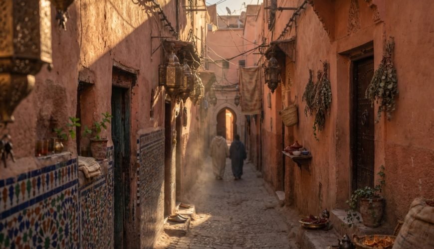 Travellers walking through a Marrakech medina alley at golden hour, one of the best things to do in Marrakech - Things do to
