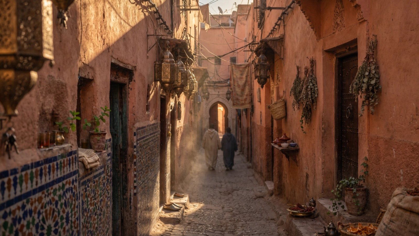 Travellers walking through a Marrakech medina alley at golden hour, one of the best things to do in Marrakech - Things do to