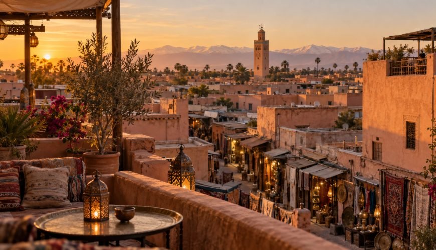Travelers walking through a Marrakech medina lane at golden hour during a step-by-step city guide - Things do to in marrakech