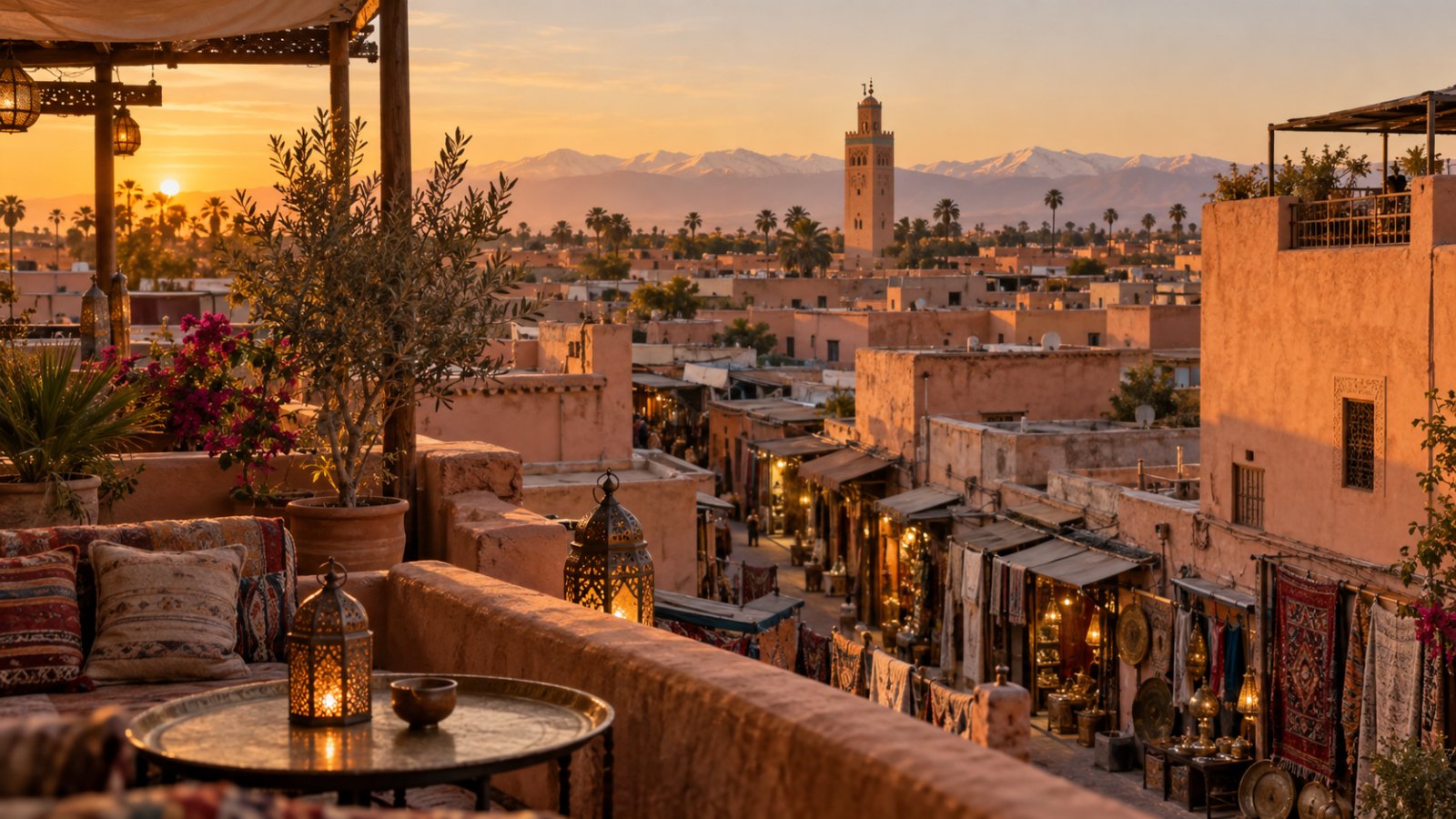 Travelers walking through a Marrakech medina lane at golden hour during a step-by-step city guide - Things do to in marrakech