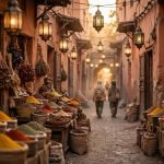 Travellers walking through a Marrakech medina alley toward the souks at golden hour - Things do to in marrakech