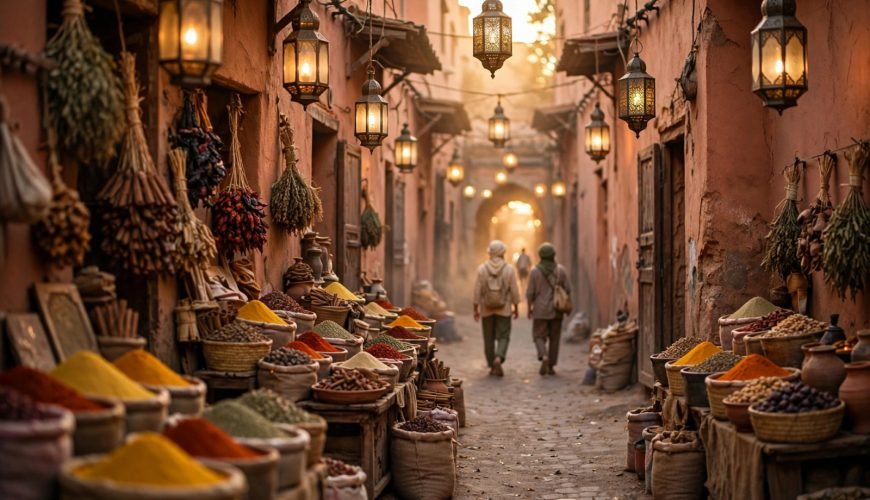 Travellers walking through a Marrakech medina alley toward the souks at golden hour - Things do to in marrakech