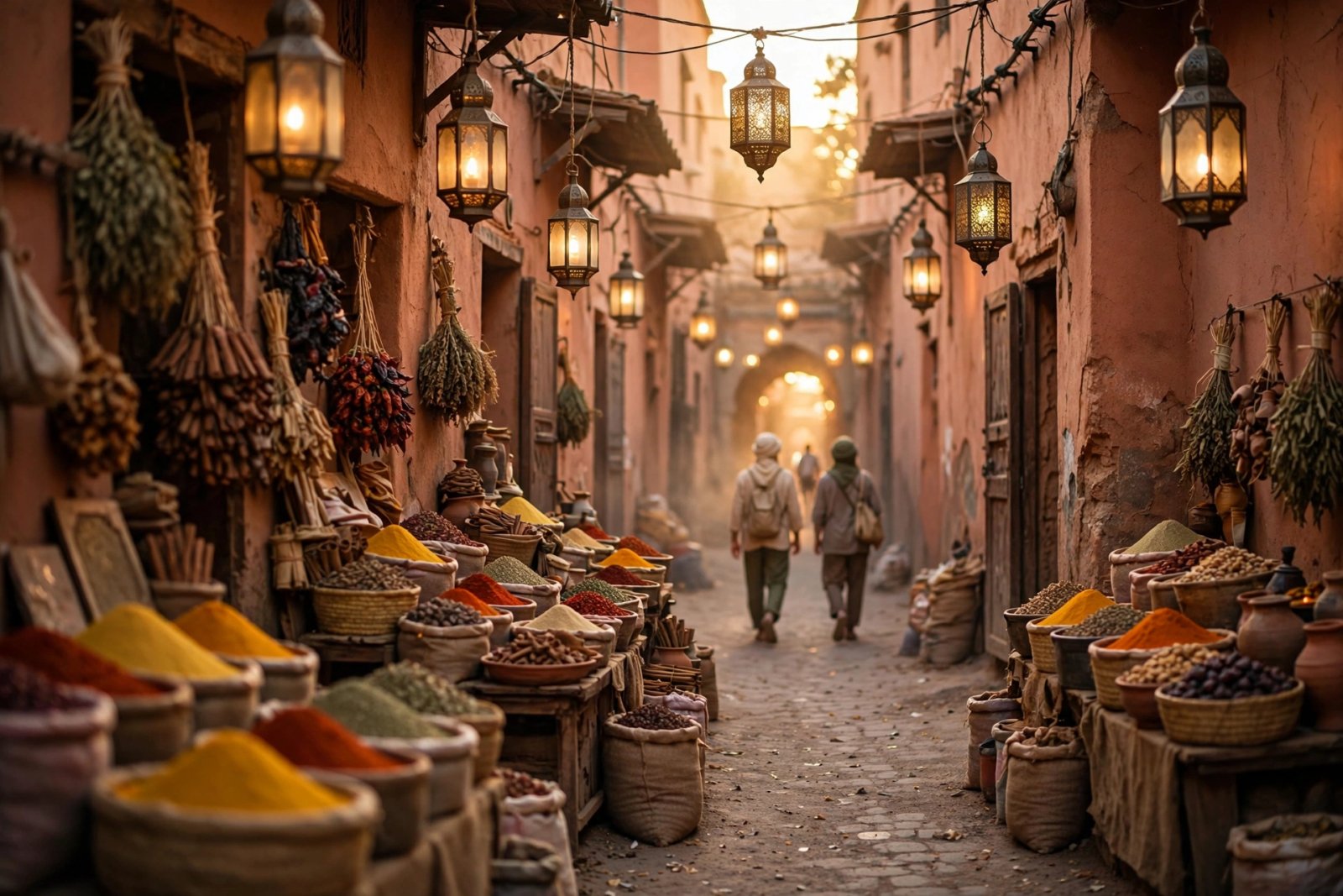 Travellers walking through a Marrakech medina alley toward the souks at golden hour - Things do to in marrakech