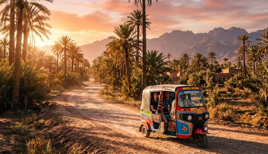 Travelers enjoying a tuk-tuk tour in Marrakech at sunset, one of the best things to do in Marrakech - Things do to in
