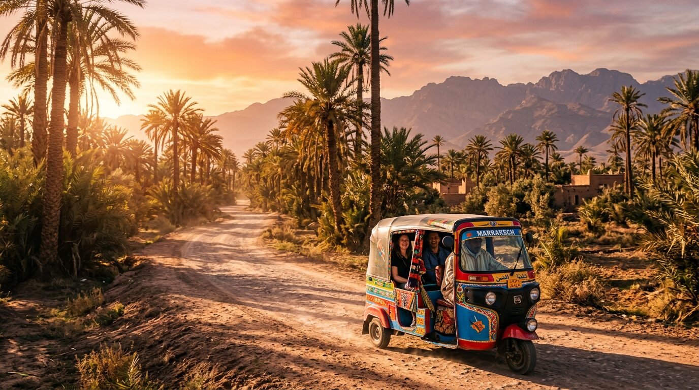 Travelers enjoying a tuk-tuk tour in Marrakech at sunset, one of the best things to do in Marrakech - Things do to in