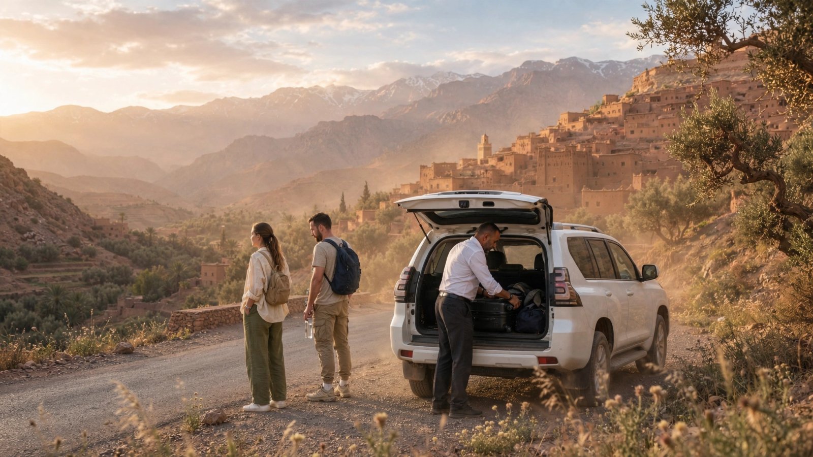 Travelers on a sunset tuk tuk ride through the Palmeraie, one of the best things to do in Marrakech - Things do to in