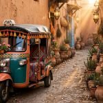 Colourful tuk tuk waiting in a Marrakech medina lane at golden hour - Tuk Tuk Marrakech