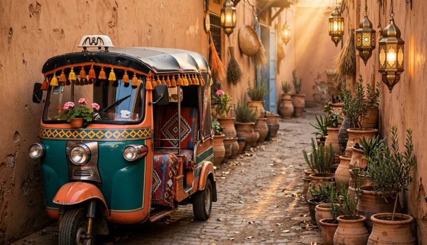 Colourful tuk tuk waiting in a Marrakech medina lane at golden hour - Tuk Tuk Marrakech
