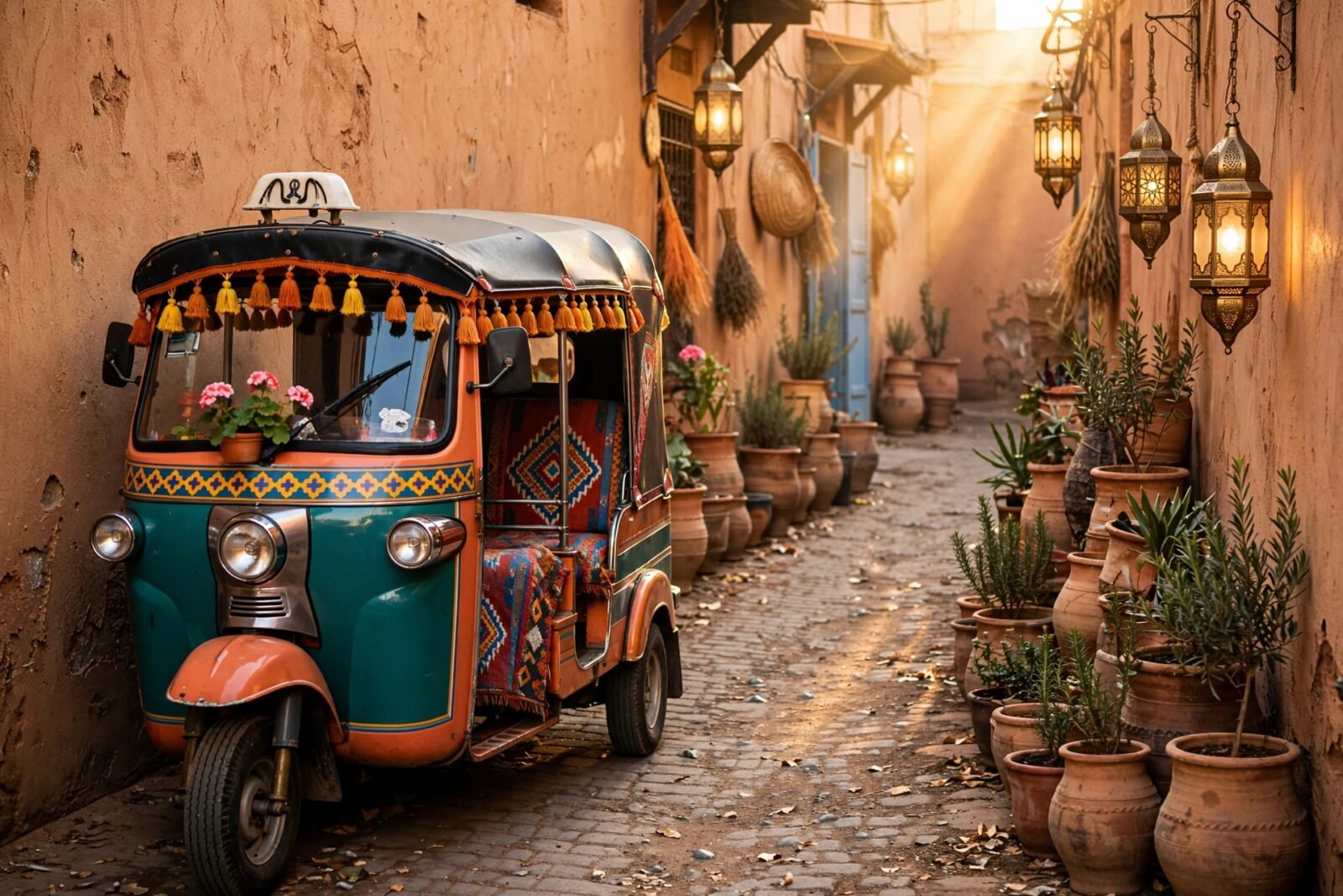 Colourful tuk tuk waiting in a Marrakech medina lane at golden hour - Tuk Tuk Marrakech