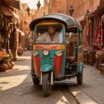 A colorful tuk tuk driving through a narrow lane in the Marrakech medina during golden hour - Tuk Tuk Marrakech