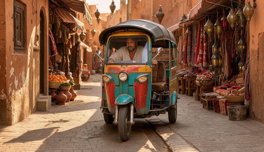 A colorful tuk tuk driving through a narrow lane in the Marrakech medina during golden hour - Tuk Tuk Marrakech