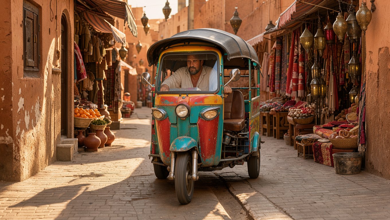A colorful tuk tuk driving through a narrow lane in the Marrakech medina during golden hour - Tuk Tuk Marrakech