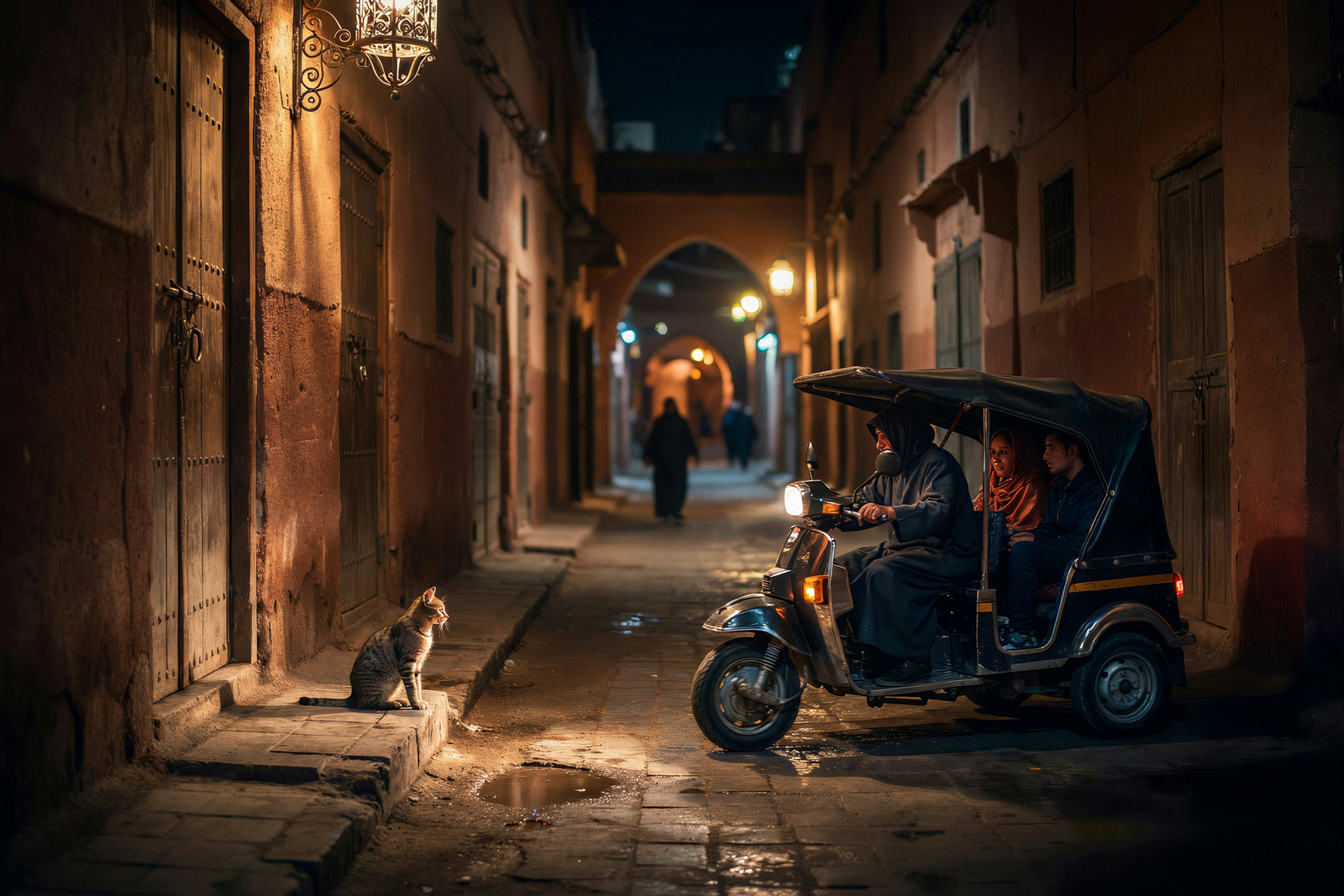 Tuk Tuk Marrakech : Private City Tours 8 Tuk tuk passing illuminated landmarks in Marrakech at night