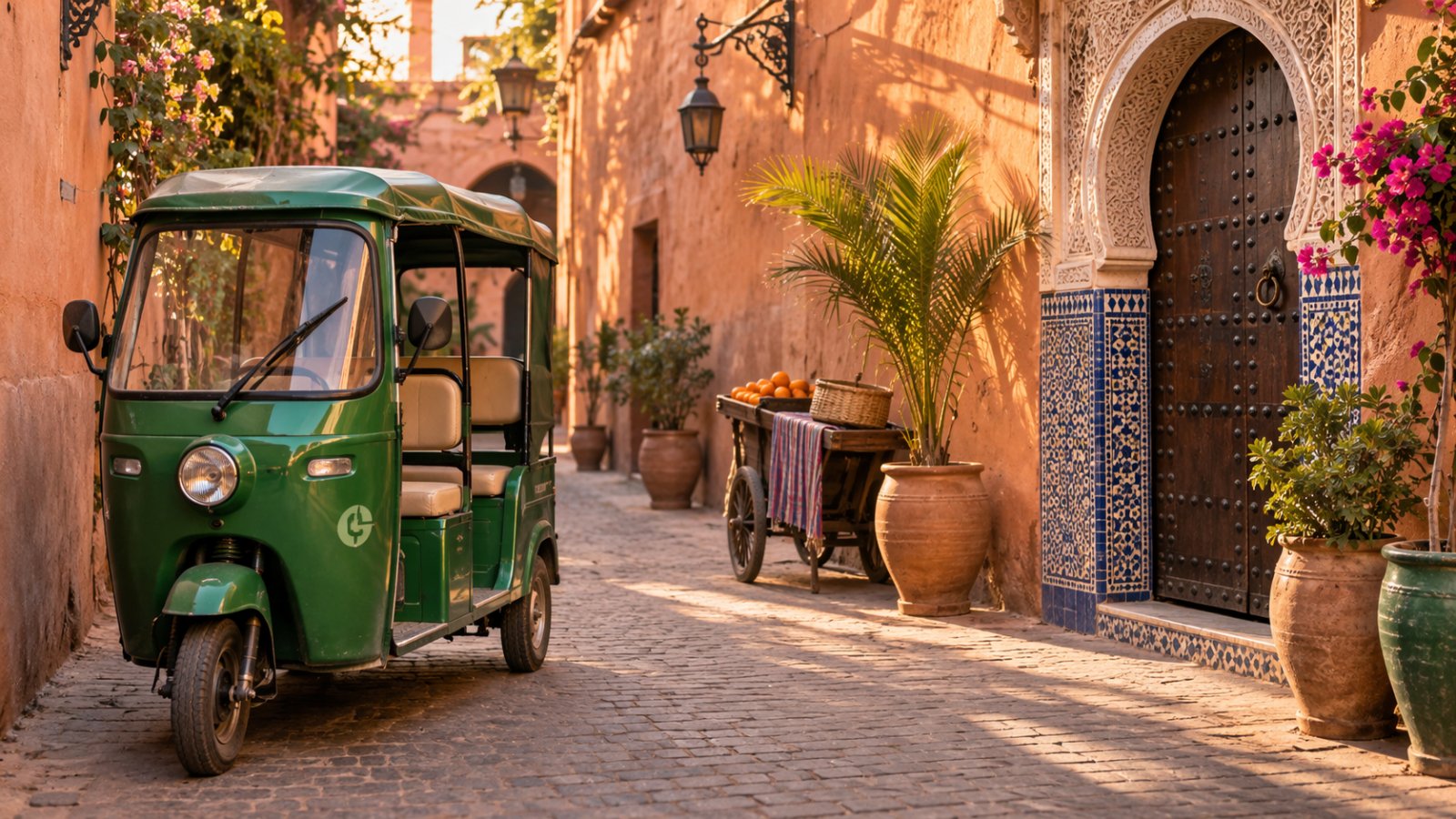 A tuk tuk waiting on a Marrakech street in warm late afternoon light - Tuk Tuk Marrakech