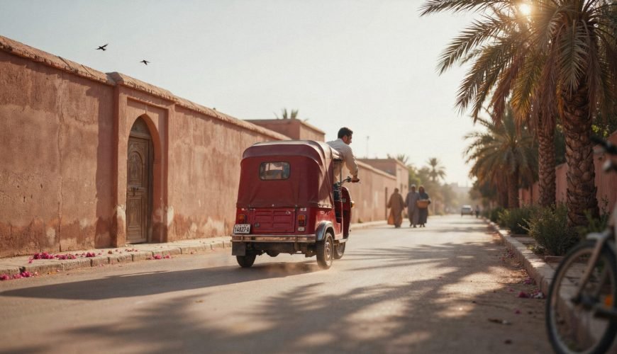 A tuk tuk Marrakech ride passing through a palm-lined street in the Red City at golden hour