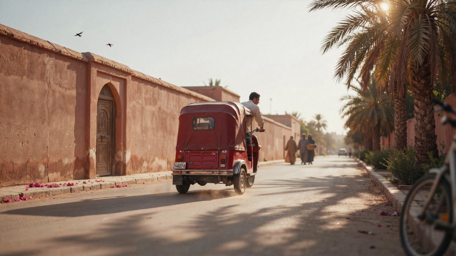 A tuk tuk Marrakech ride passing through a palm-lined street in the Red City at golden hour